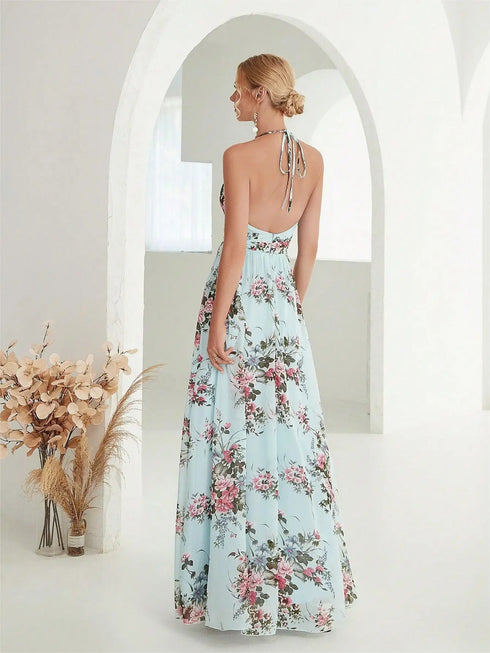 Elegant Flower Print Chiffon Dress for Women - Sexy Halter V Neck Backless Long Summer Fashion Party Dress